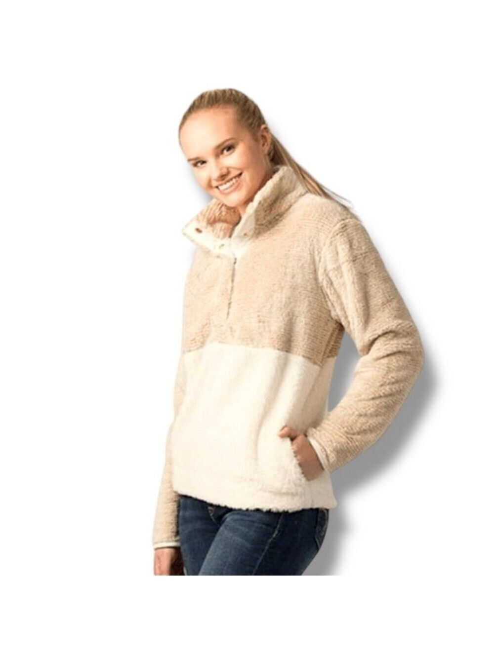 Fleece Pullover Camel and Cream Women's Size Large - Picture 2 of 12